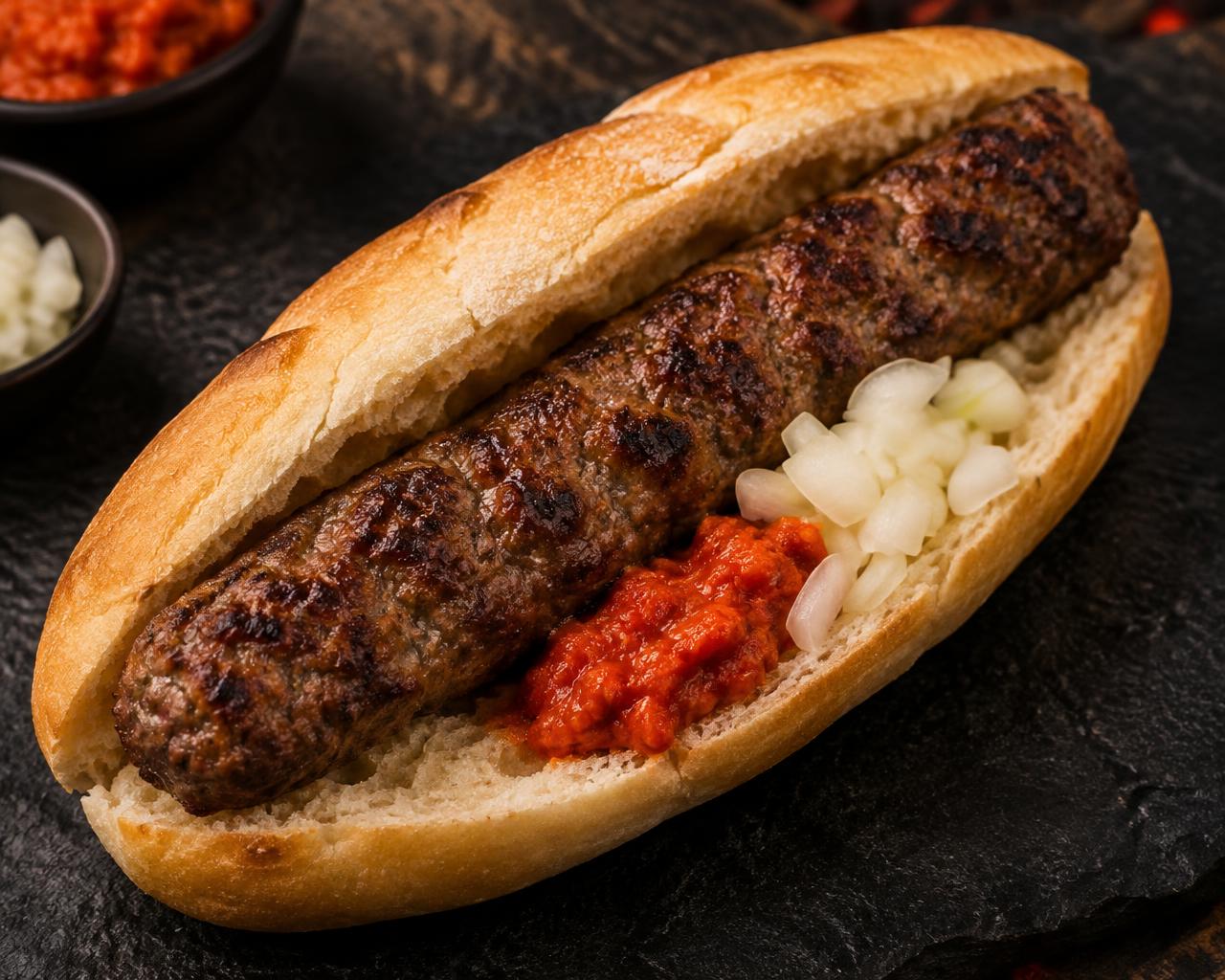 Cevapdog schräg von oben mit Ajvar und Zwiebeln als Serviervorschlag