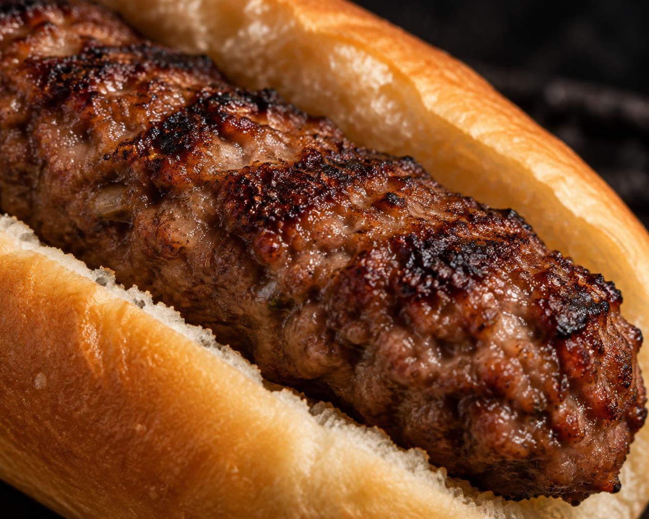 Detail der gegrillten Fleischstruktur eines Cevapdog